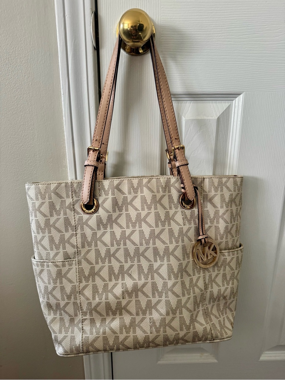 Michael Kors Beige MK Signature Tote with Pink-Tan Straps